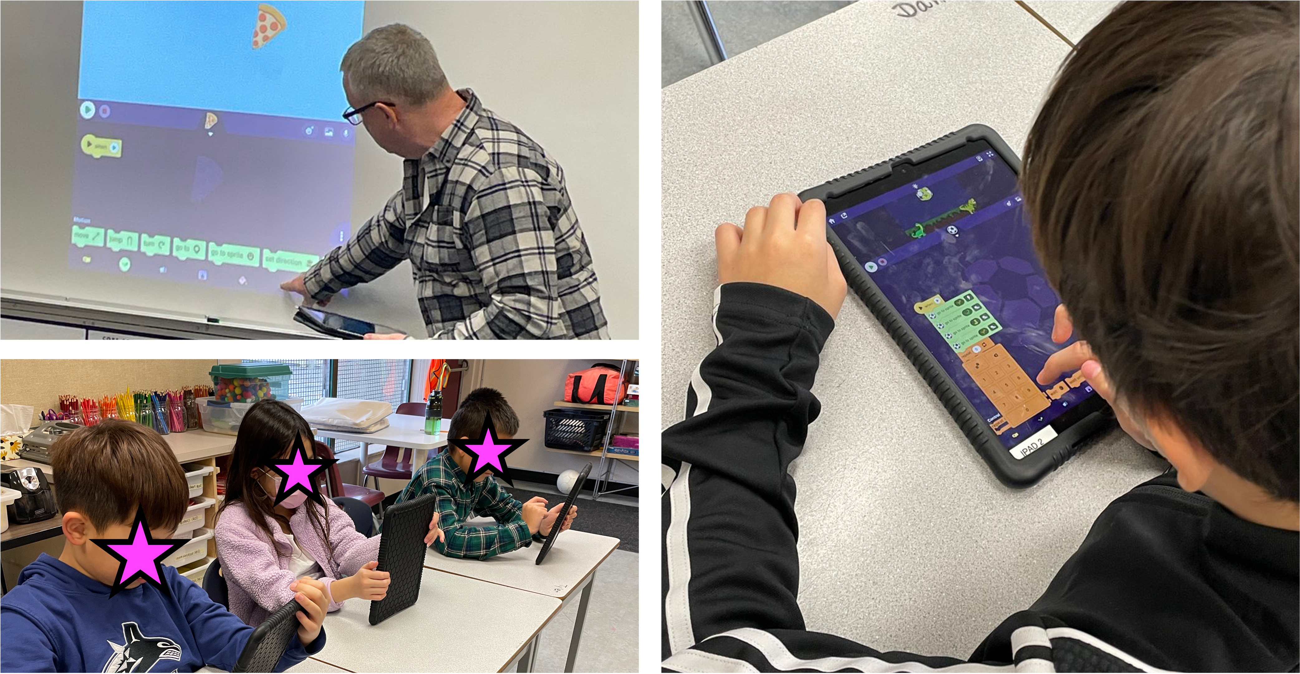 A group of students and their teacher in a classroom learning about coding