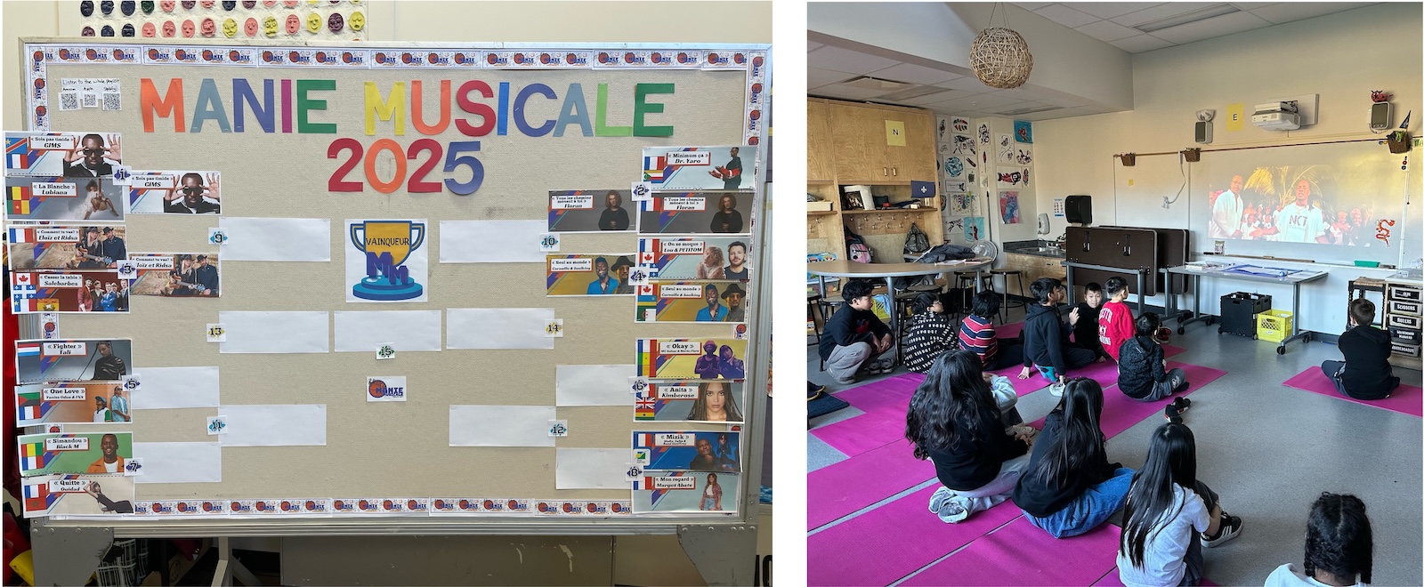 Students listening to competing songs and then casting their votes
