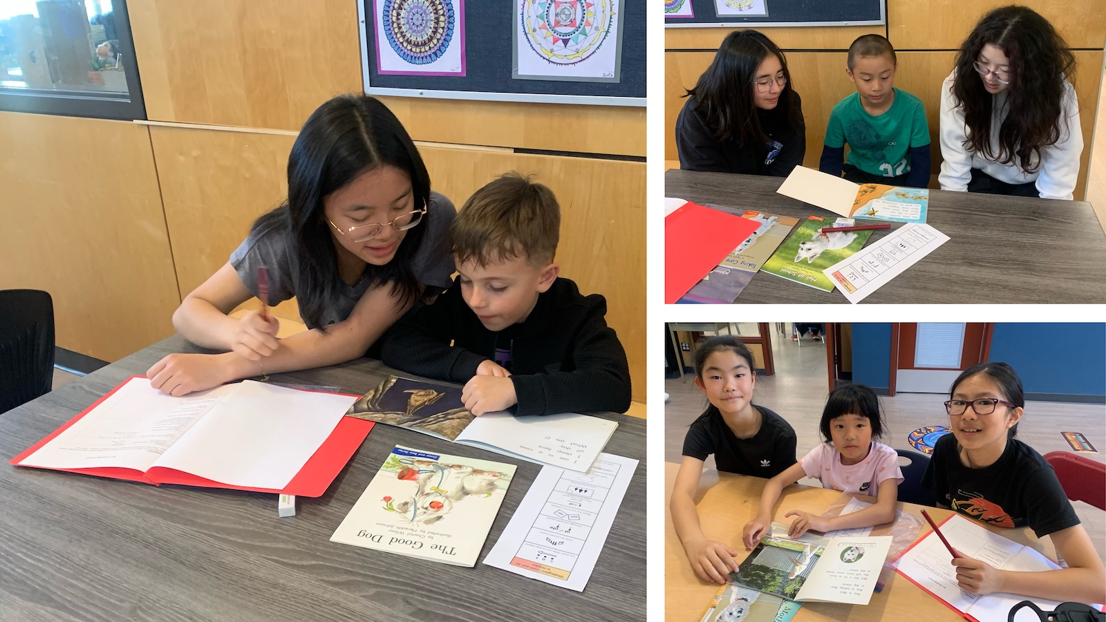 Students paired with their reading buddies, reading a book