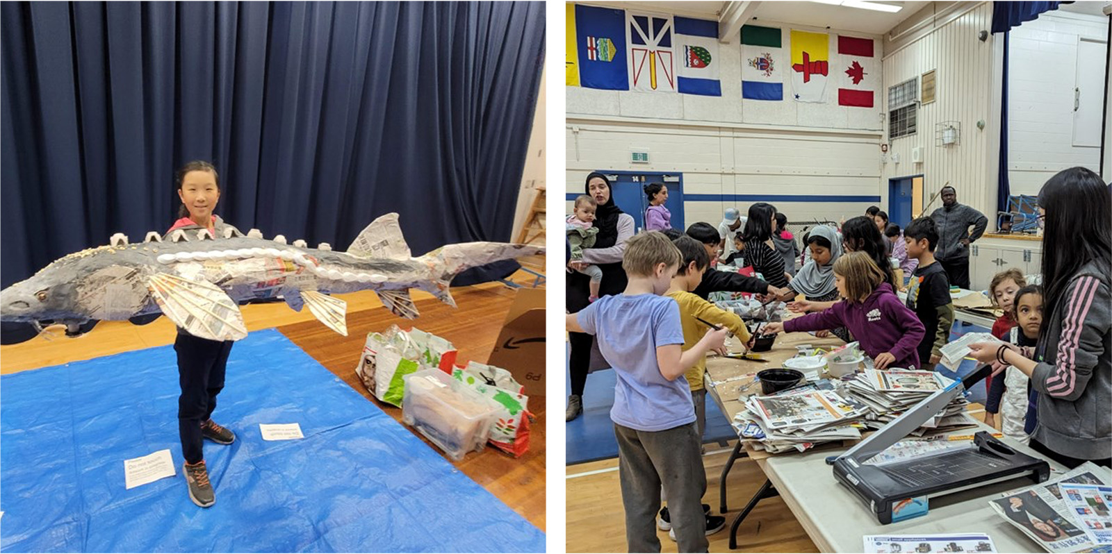 Students and parents making paper mache sturgeons using recycled materials