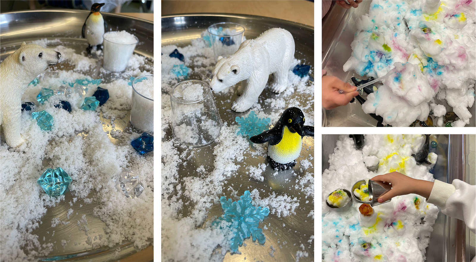 Young kids creating art scenes in the classroom with recently-fallen snow