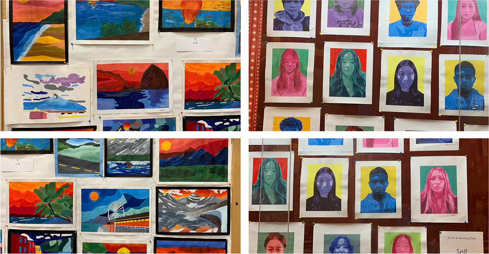 Student art portraits and artistic landscape paintings