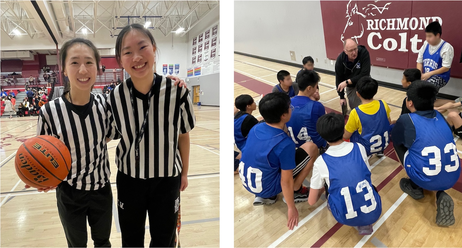 Two referees posing with a basketball (left); elementary athletes gathered with their coach (right)