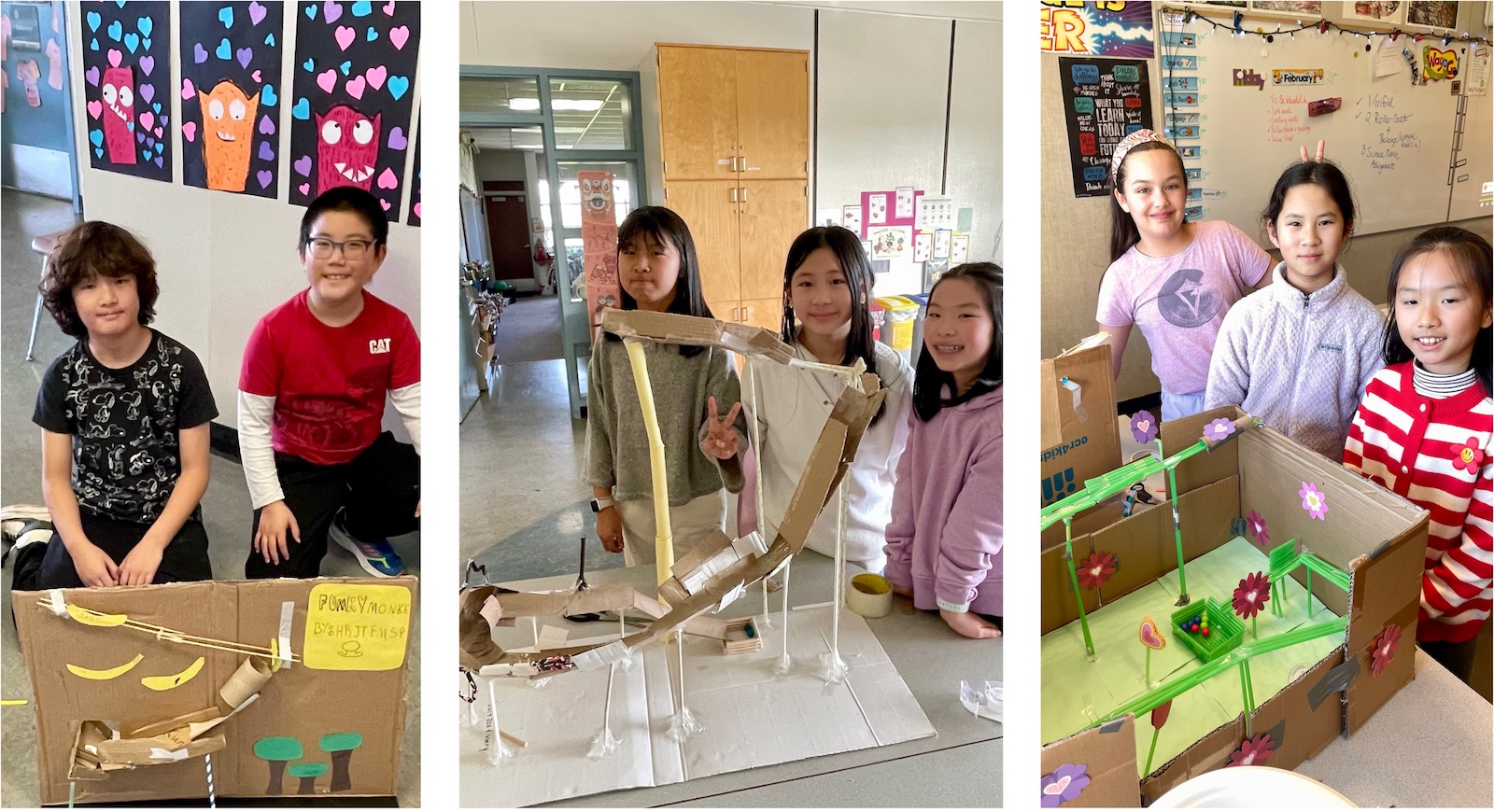 Groups of students posing in front of their roller coaster creations