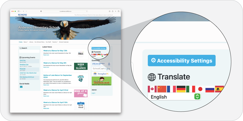 A screenshot showing the accessibility settings on our school websites