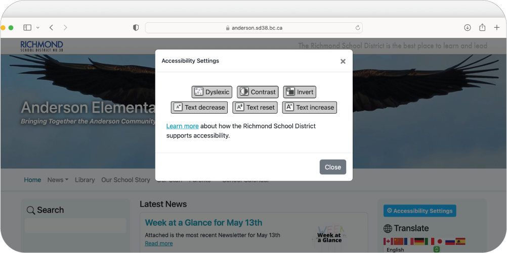 Another screenshot showing the accessibility settings on our school websites