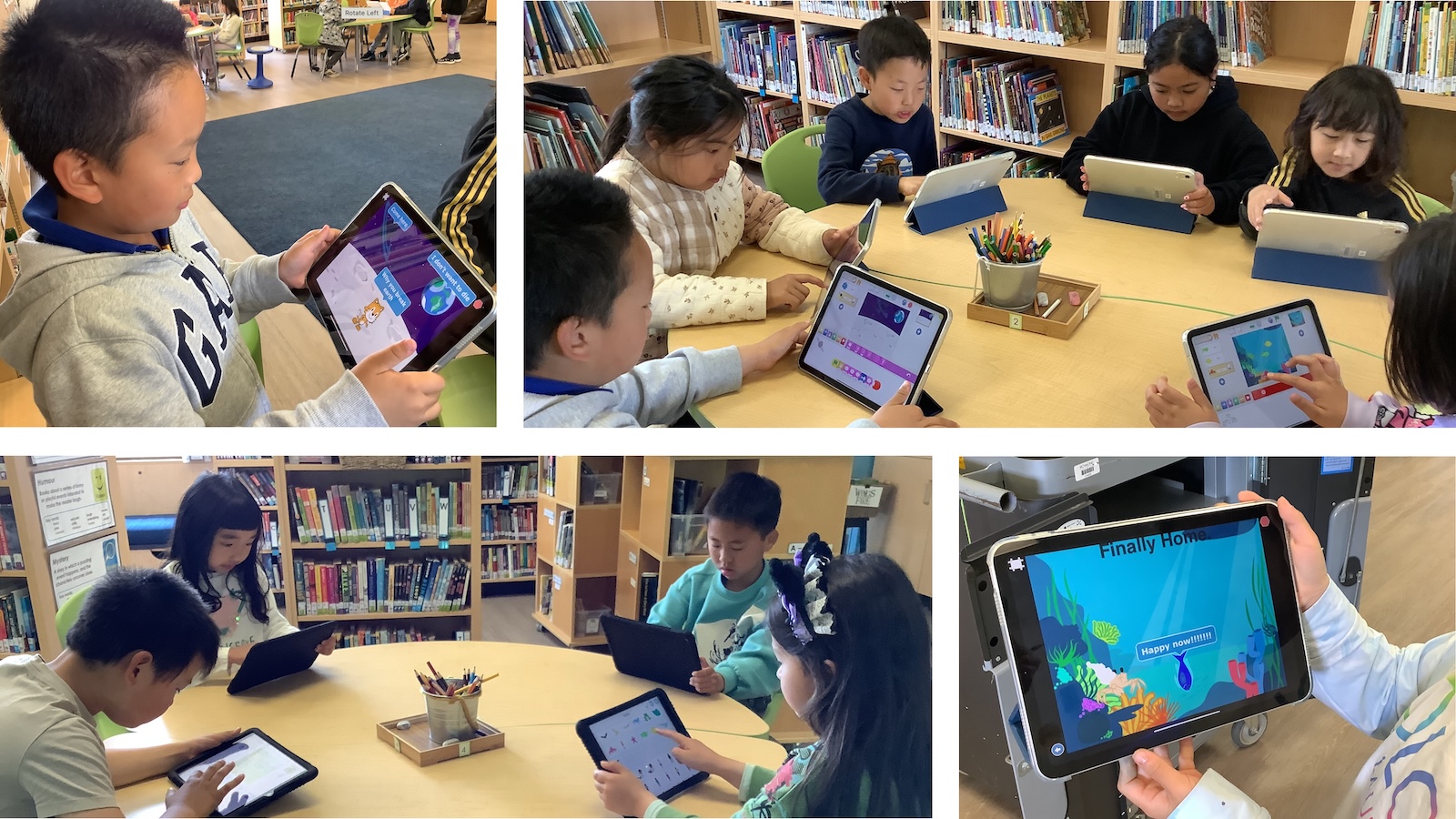 Students creating digital stories with Scratch Jr. 