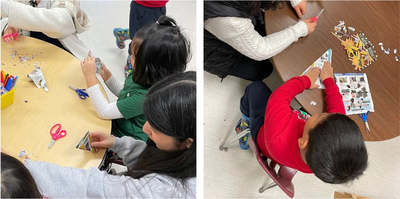 Students making holiday decorations with recycled materials